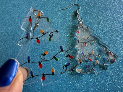 Christmas Tree Earrings: Laser Cut Acrylic Christmas Trees with Fairy Lights, Christmas Lights, Xmas, X-mas, Winter, Gifts for Her/Him/Them