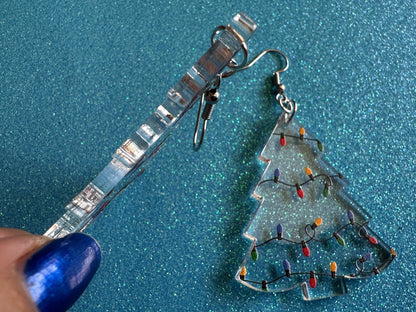 Christmas Tree Earrings: Laser Cut Acrylic Christmas Trees with Fairy Lights, Christmas Lights, Xmas, X-mas, Winter, Gifts for Her/Him/Them