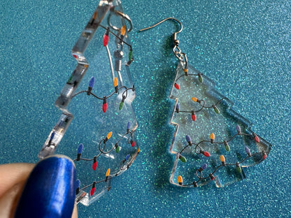 Christmas Tree Earrings: Laser Cut Acrylic Christmas Trees with Fairy Lights, Christmas Lights, Xmas, X-mas, Winter, Gifts for Her/Him/Them