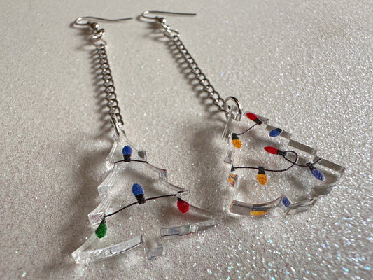 Christmas Tree Earrings: Laser Cut Acrylic Trees, Green Earrings, Xmas, Winter, Christmas Lights, Fairy Lights, Best Gifts for Her/Him/Them