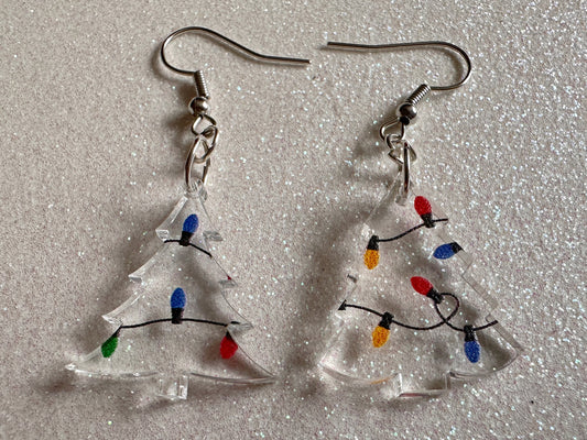 Christmas Tree Earrings: Laser Cut Acrylic Trees, Green Earrings, Xmas, Winter, Christmas Lights, Fairy Lights, Best Gifts for Her/Him/Them