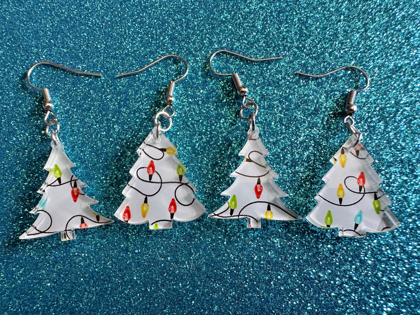 Christmas Tree Earrings: Laser Cut Acrylic Trees, Green Earrings, Xmas, Winter, Christmas Lights, Fairy Lights, Gifts for Her/Him/Them