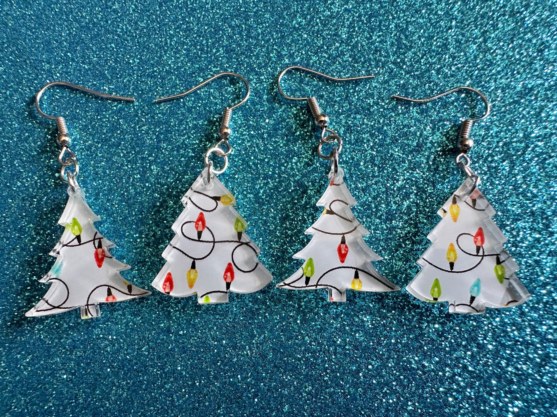 Christmas Tree Earrings: Laser Cut Acrylic Trees, Green Earrings, Xmas, Winter, Christmas Lights, Fairy Lights, Gifts for Her/Him/Them