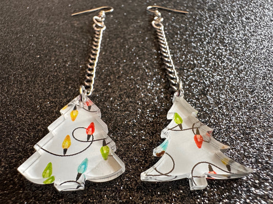 Christmas Tree Earrings: Laser Cut Acrylic Trees, Green Earrings, Xmas, Winter, Christmas Lights, Fairy Lights, Gifts for Her/Him/Them
