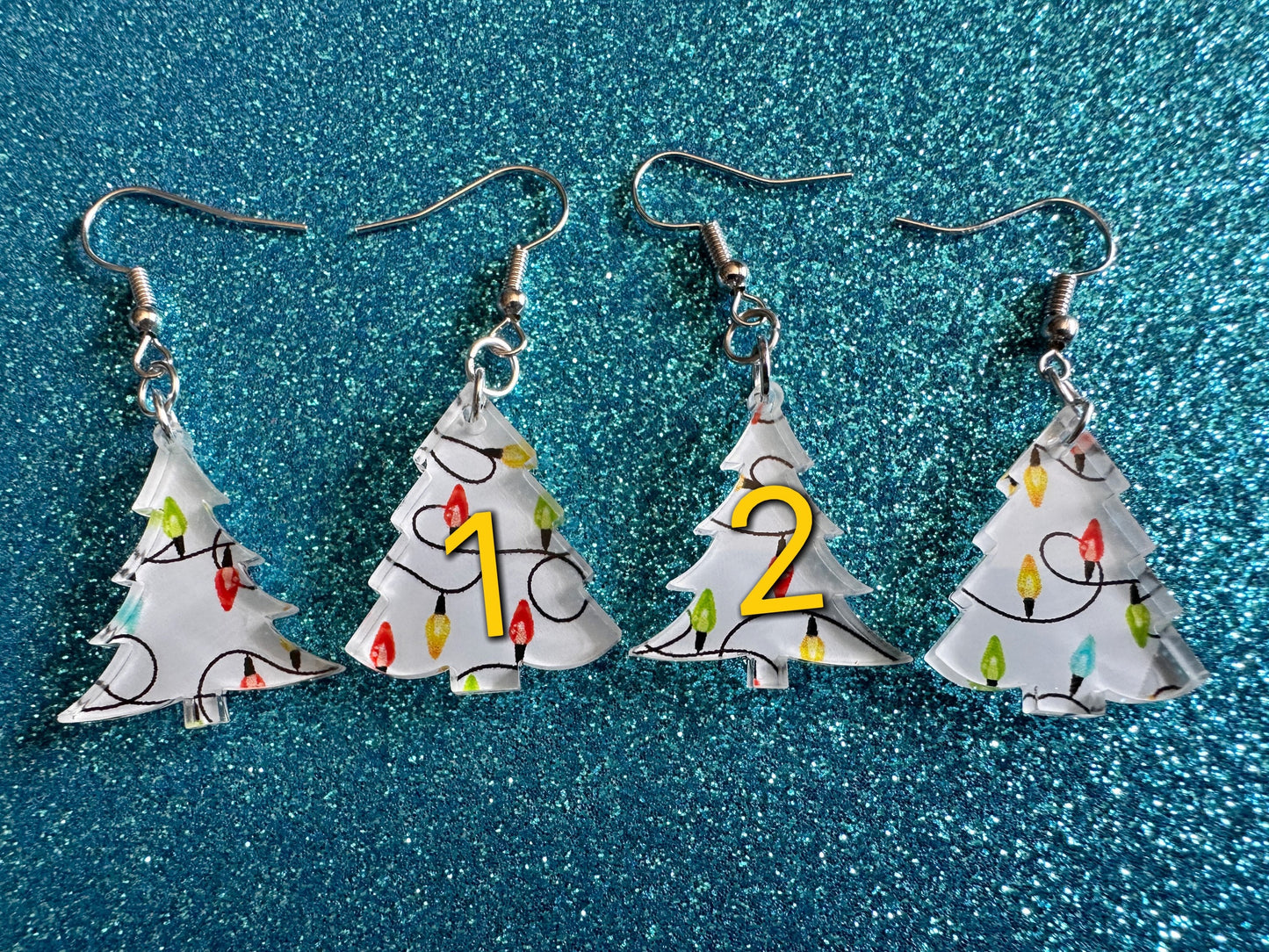 Christmas Tree Earrings: Laser Cut Acrylic Trees, Green Earrings, Xmas, Winter, Christmas Lights, Fairy Lights, Gifts for Her/Him/Them