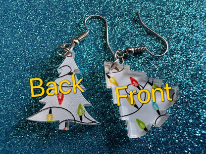 Christmas Tree Earrings: Laser Cut Acrylic Trees, Green Earrings, Xmas, Winter, Christmas Lights, Fairy Lights, Gifts for Her/Him/Them