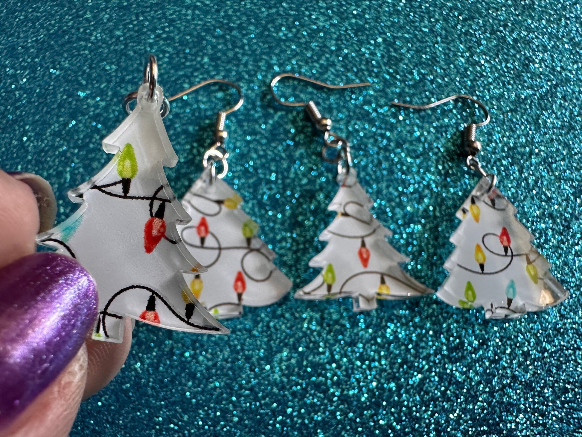 Christmas Tree Earrings: Laser Cut Acrylic Trees, Green Earrings, Xmas, Winter, Christmas Lights, Fairy Lights, Gifts for Her/Him/Them