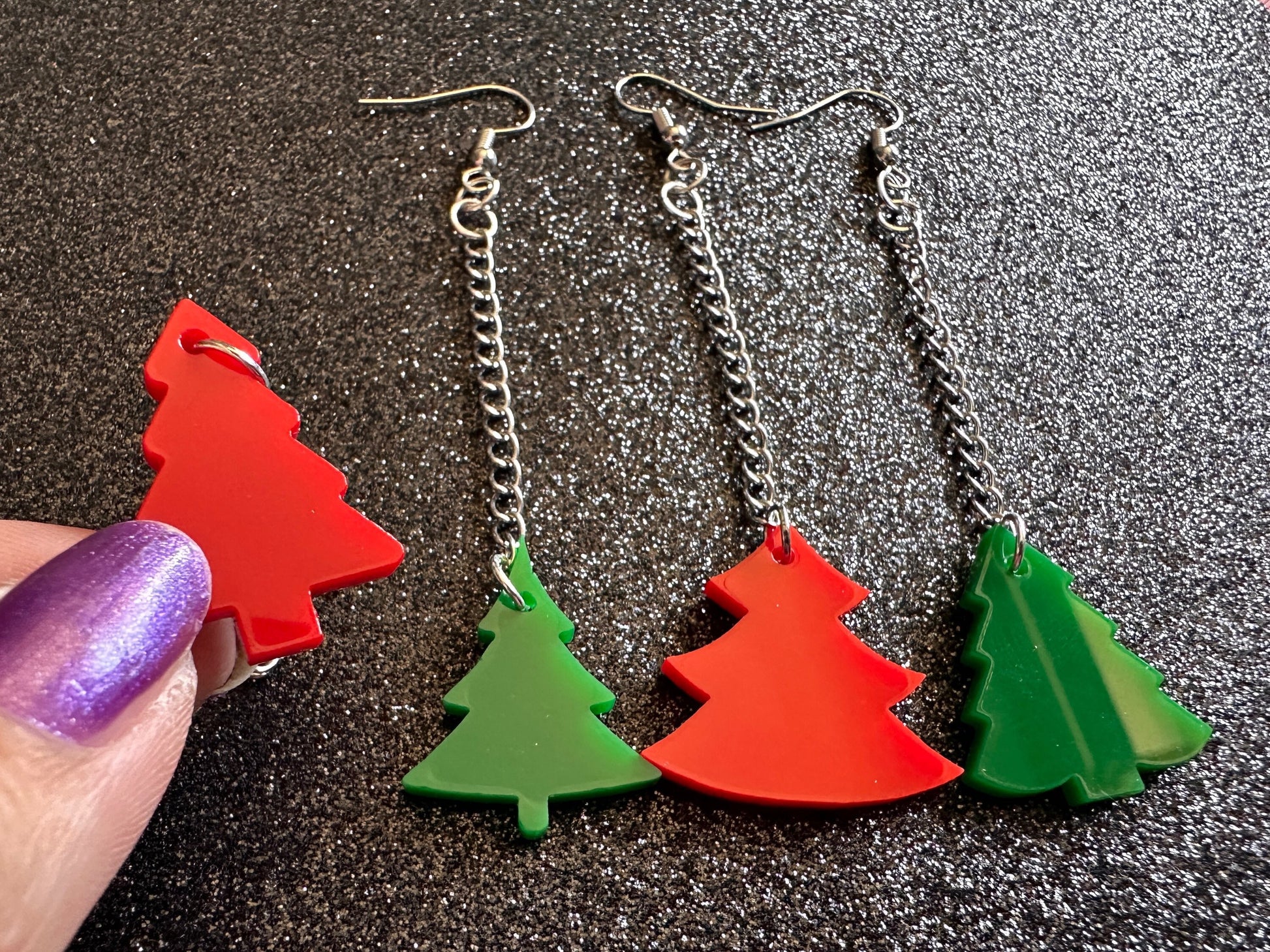 Christmas Tree Earrings: Laser Cut Acrylic Xmas Trees, Shiny, Sparkly, Green Earrings, Winter, Gifts for Her/Him/Them