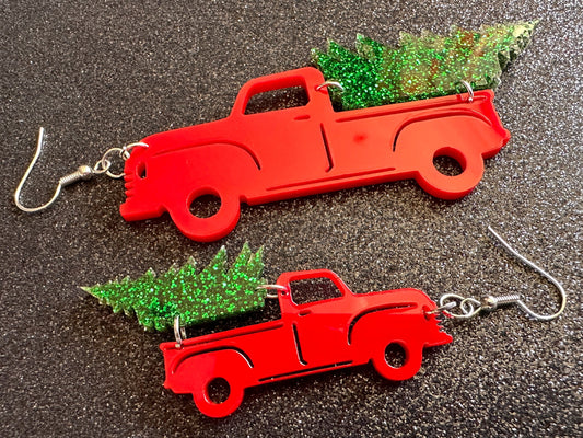 Christmas Truck Earrings: Laser Cut Acrylic Christmas Trees, Red Truck, X-mas, Xmas, Green Earrings, Winter, Best Gifts for Her/Him/Them