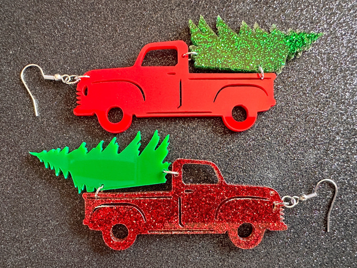 Christmas Truck Earrings: Laser Cut Acrylic Christmas Trees, Red Truck, X-mas, Xmas, Green Earrings, Winter, Best Gifts for Her/Him/Them