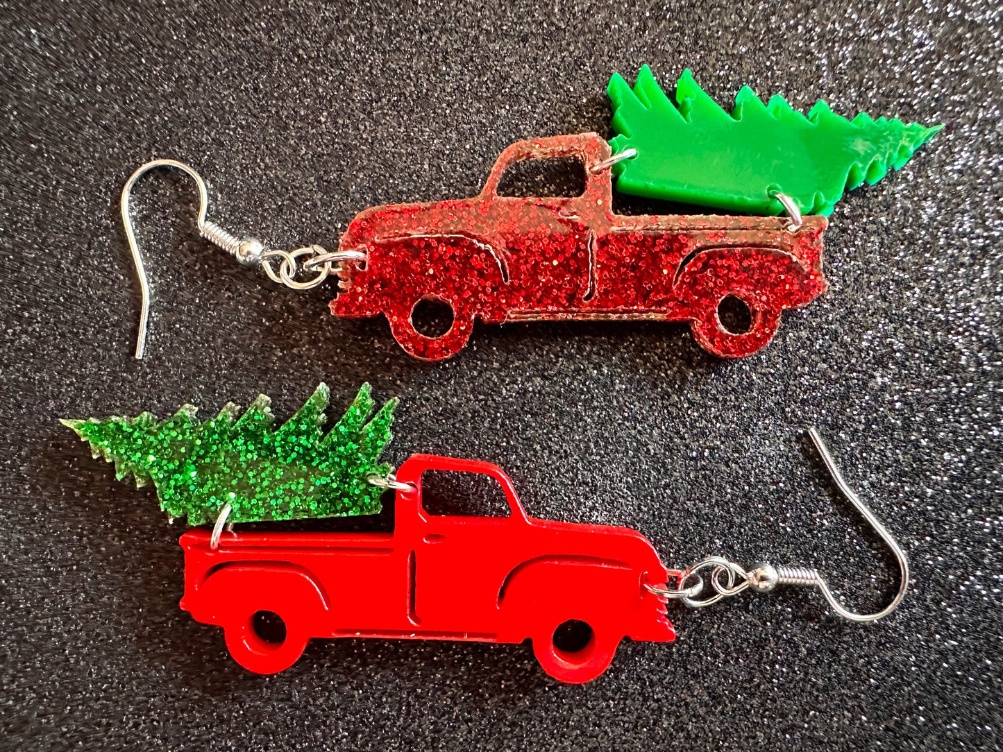 Christmas Truck Earrings: Laser Cut Acrylic Christmas Trees, Red Truck, X-mas, Xmas, Green Earrings, Winter, Best Gifts for Her/Him/Them