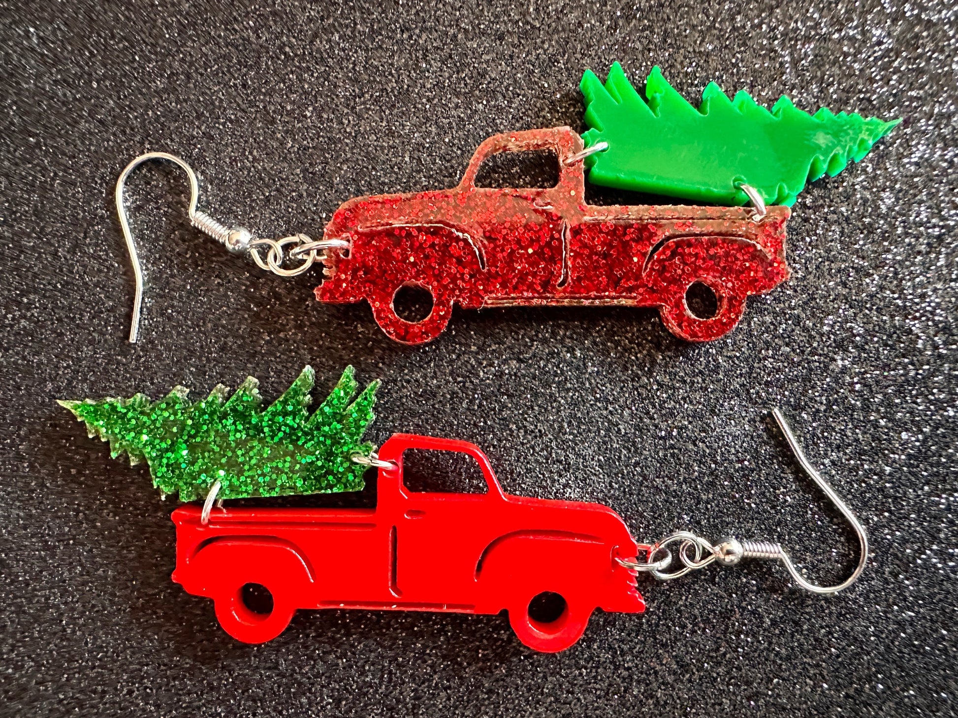 Christmas Truck Earrings: Laser Cut Acrylic Christmas Trees, Red Truck, X-mas, Xmas, Green Earrings, Winter, Best Gifts for Her/Him/Them