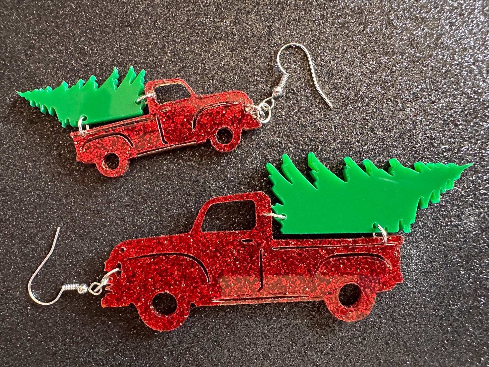Christmas Truck Earrings: Laser Cut Acrylic Christmas Trees, Red Truck, X-mas, Xmas, Green Earrings, Winter, Best Gifts for Her/Him/Them