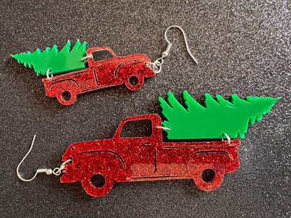 Christmas Truck Earrings: Laser Cut Acrylic Christmas Trees, Red Truck, X-mas, Xmas, Green Earrings, Winter, Best Gifts for Her/Him/Them