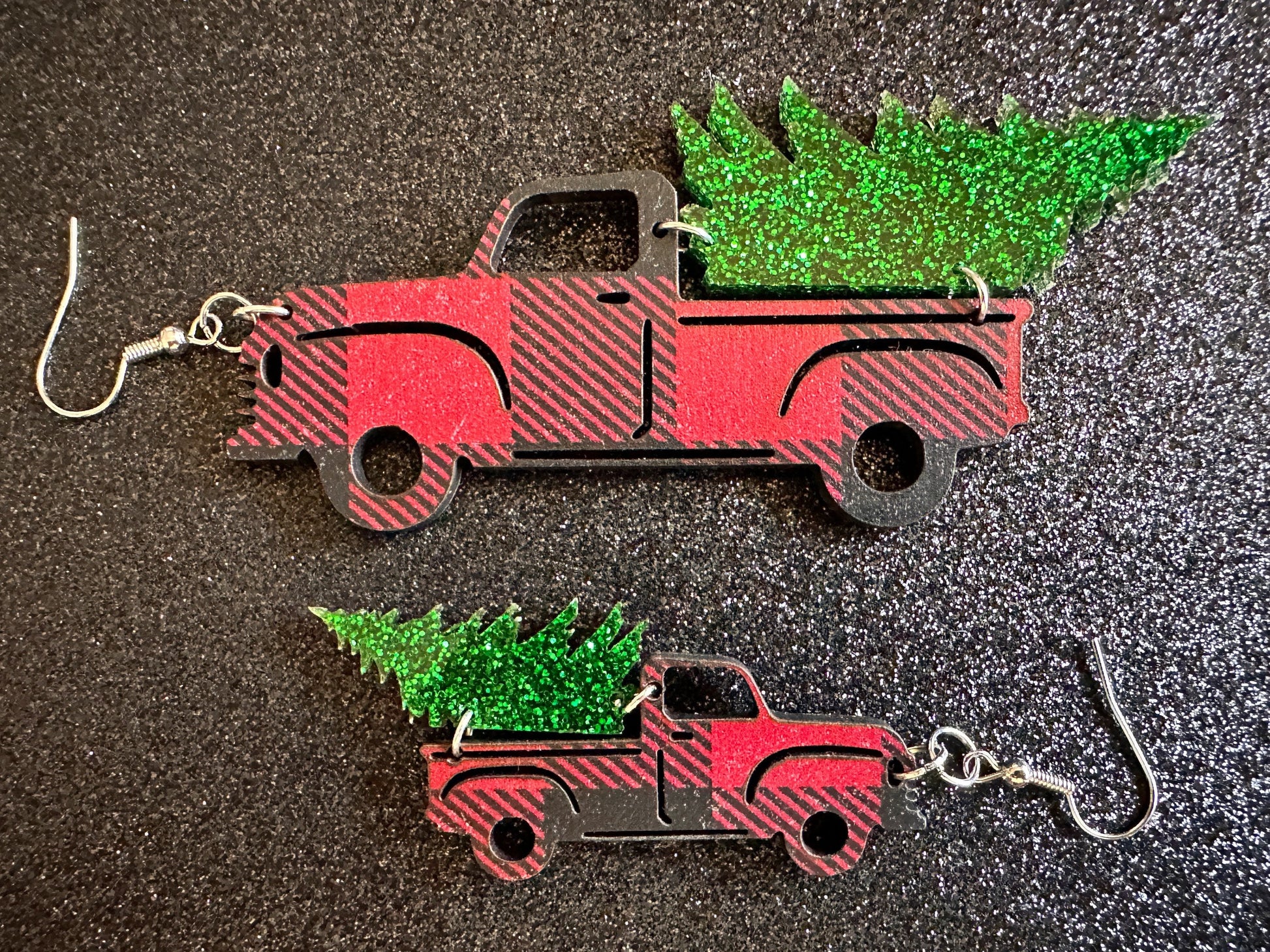 Christmas Truck Earrings: Laser Cut Acrylic Christmas Trees, Red Truck, X-mas, Xmas, Green Earrings, Winter, Best Gifts for Her/Him/Them