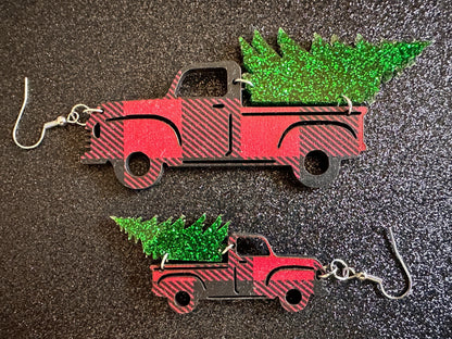 Christmas Truck Earrings: Laser Cut Acrylic Christmas Trees, Red Truck, X-mas, Xmas, Green Earrings, Winter, Best Gifts for Her/Him/Them