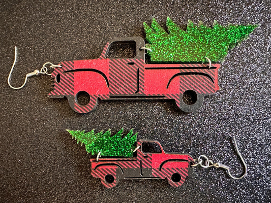 Christmas Truck Earrings: Laser Cut Acrylic Christmas Trees, Red Truck, X-mas, Xmas, Green Earrings, Winter, Best Gifts for Her/Him/Them