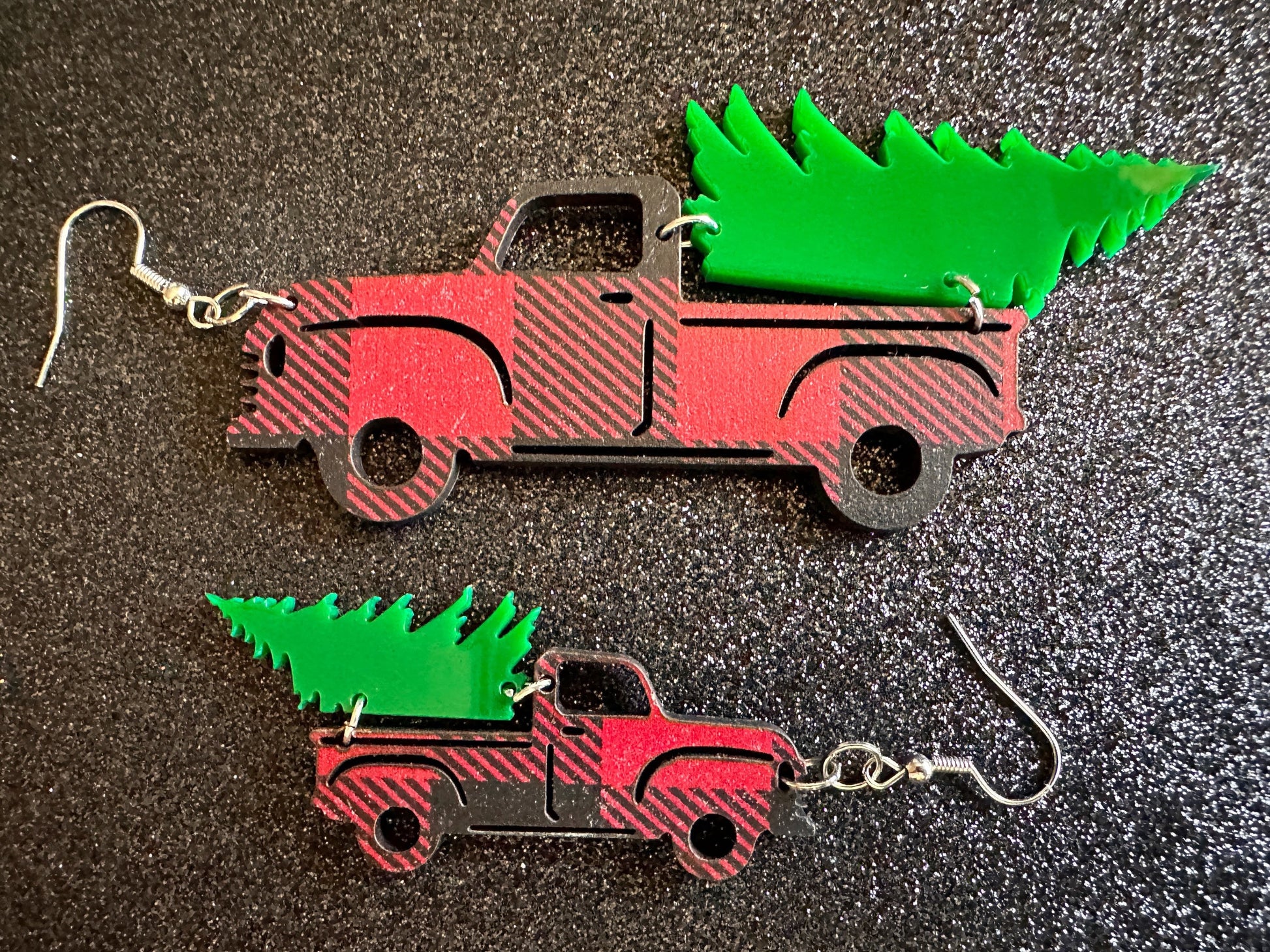 Christmas Truck Earrings: Laser Cut Acrylic Christmas Trees, Red Truck, X-mas, Xmas, Green Earrings, Winter, Best Gifts for Her/Him/Them