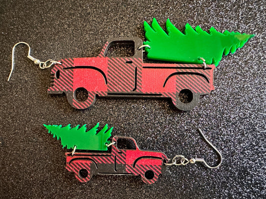 Christmas Truck Earrings: Laser Cut Acrylic Christmas Trees, Red Truck, X-mas, Xmas, Green Earrings, Winter, Best Gifts for Her/Him/Them