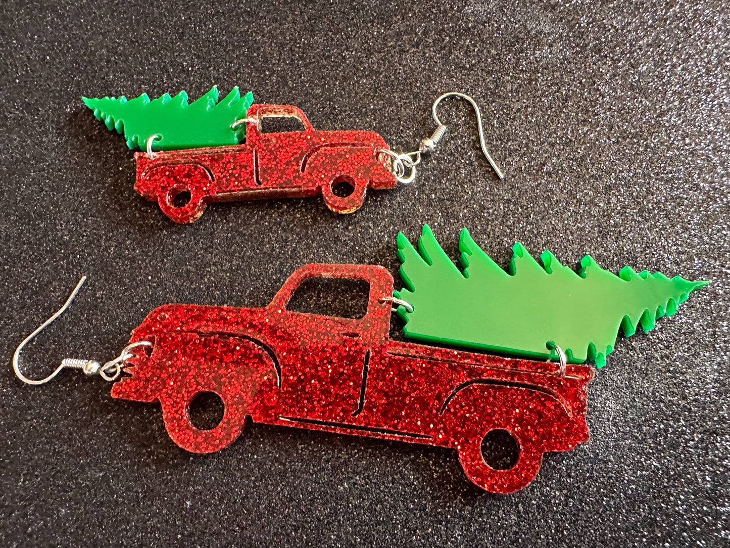 Christmas Truck Earrings: Laser Cut Acrylic Christmas Trees, Red Truck, X-mas, Xmas, Green Earrings, Winter, Best Gifts for Her/Him/Them