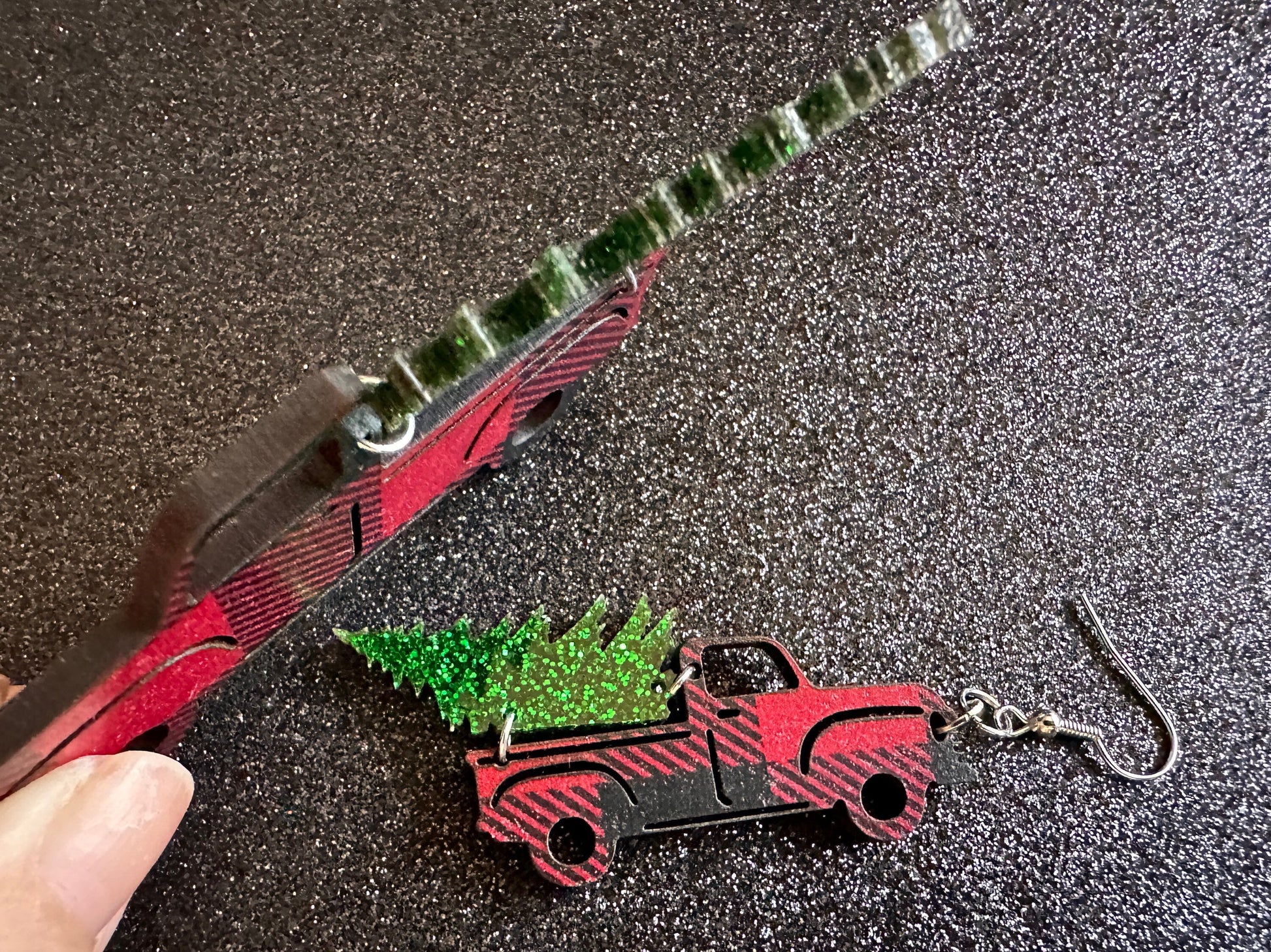 Christmas Truck Earrings: Laser Cut Acrylic Christmas Trees, Red Truck, X-mas, Xmas, Green Earrings, Winter, Best Gifts for Her/Him/Them