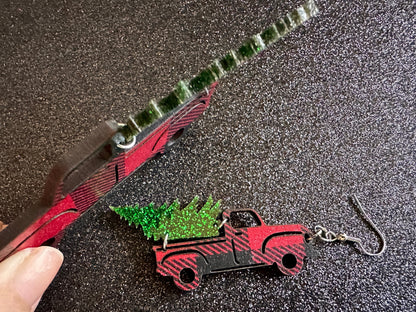 Christmas Truck Earrings: Laser Cut Acrylic Christmas Trees, Red Truck, X-mas, Xmas, Green Earrings, Winter, Best Gifts for Her/Him/Them