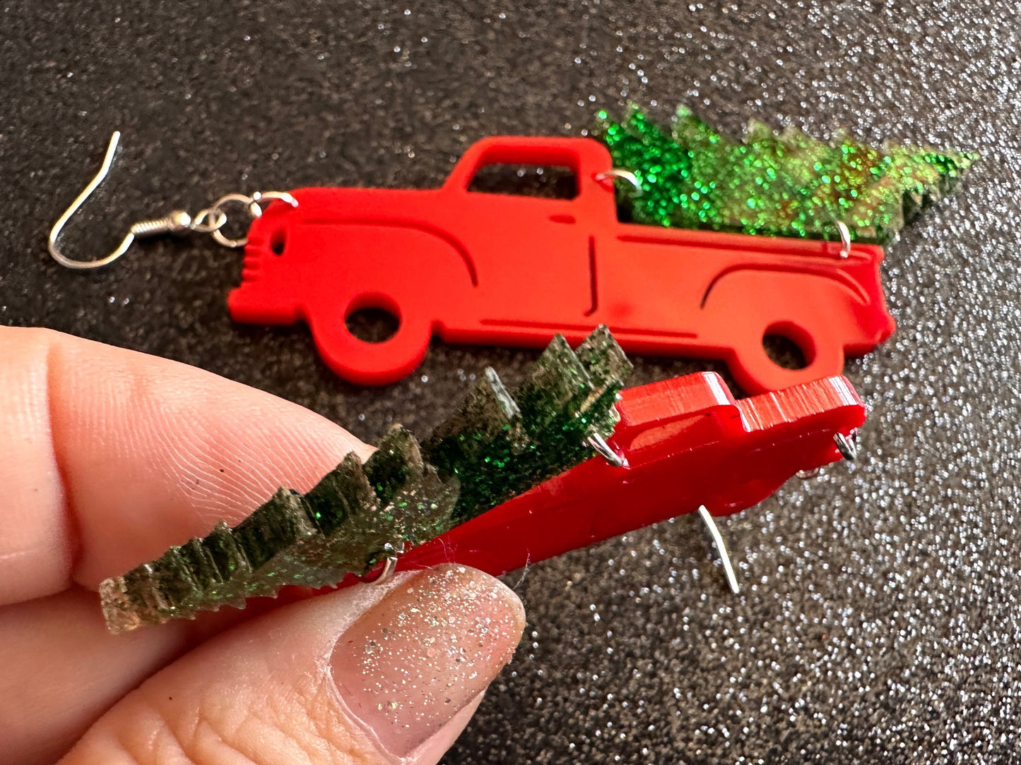 Christmas Truck Earrings: Laser Cut Acrylic Christmas Trees, Red Truck, X-mas, Xmas, Green Earrings, Winter, Best Gifts for Her/Him/Them