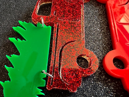 Christmas Truck Earrings: Laser Cut Acrylic Christmas Trees, Red Truck, X-mas, Xmas, Green Earrings, Winter, Best Gifts for Her/Him/Them