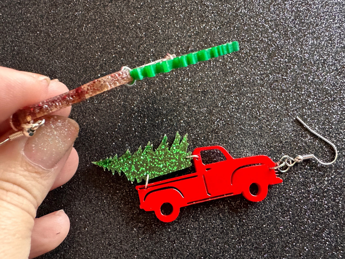 Christmas Truck Earrings: Laser Cut Acrylic Christmas Trees, Red Truck, X-mas, Xmas, Green Earrings, Winter, Best Gifts for Her/Him/Them