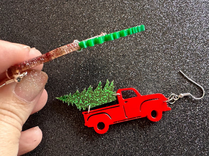 Christmas Truck Earrings: Laser Cut Acrylic Christmas Trees, Red Truck, X-mas, Xmas, Green Earrings, Winter, Best Gifts for Her/Him/Them