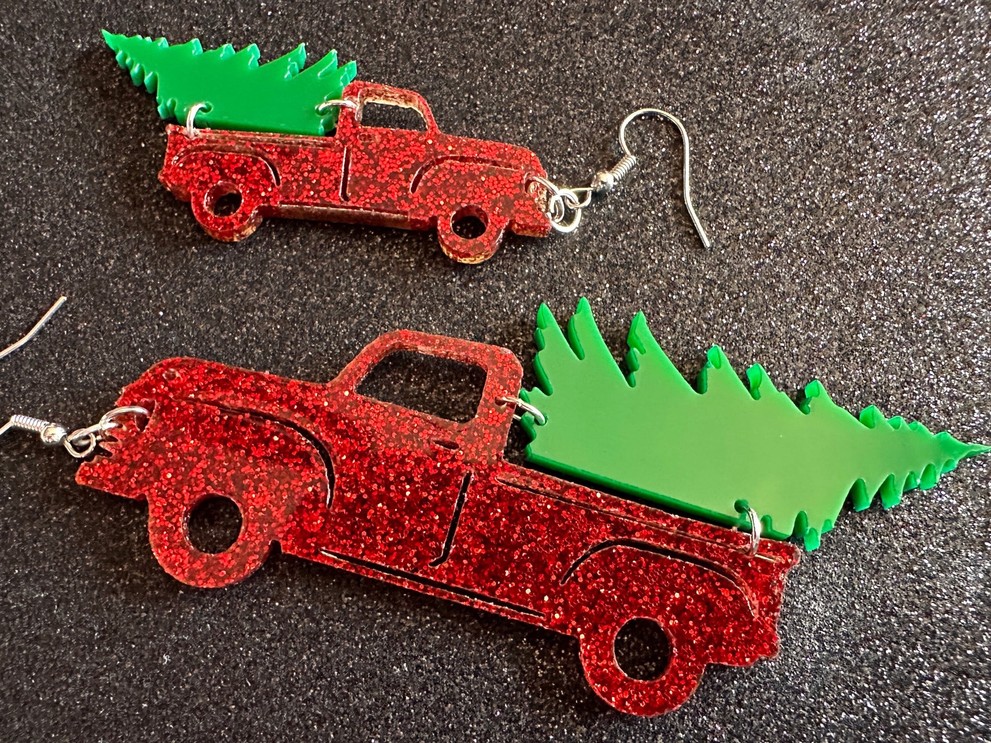 Christmas Truck Earrings: Laser Cut Acrylic Christmas Trees, Red Truck, X-mas, Xmas, Green Earrings, Winter, Best Gifts for Her/Him/Them