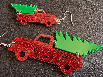 Christmas Truck Earrings: Laser Cut Acrylic Christmas Trees, Red Truck, X-mas, Xmas, Green Earrings, Winter, Best Gifts for Her/Him/Them