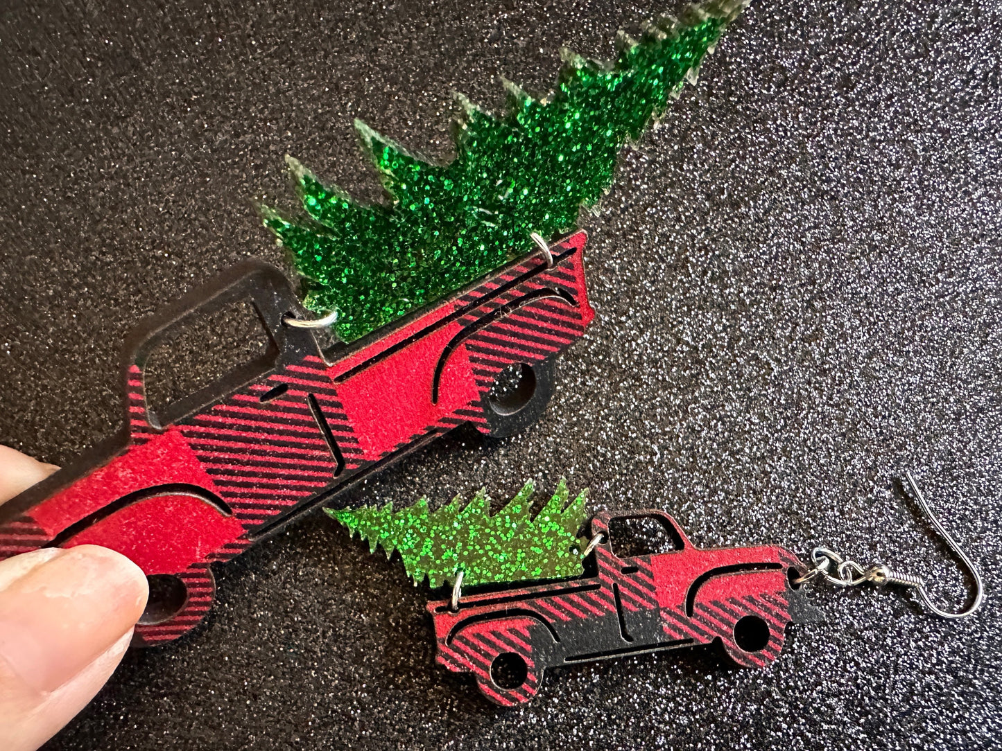 Christmas Truck Earrings: Laser Cut Acrylic Christmas Trees, Red Truck, X-mas, Xmas, Green Earrings, Winter, Best Gifts for Her/Him/Them