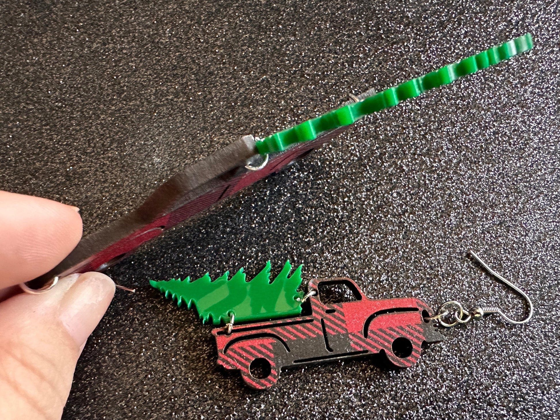Christmas Truck Earrings: Laser Cut Acrylic Christmas Trees, Red Truck, X-mas, Xmas, Green Earrings, Winter, Best Gifts for Her/Him/Them