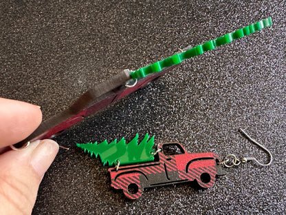Christmas Truck Earrings: Laser Cut Acrylic Christmas Trees, Red Truck, X-mas, Xmas, Green Earrings, Winter, Best Gifts for Her/Him/Them