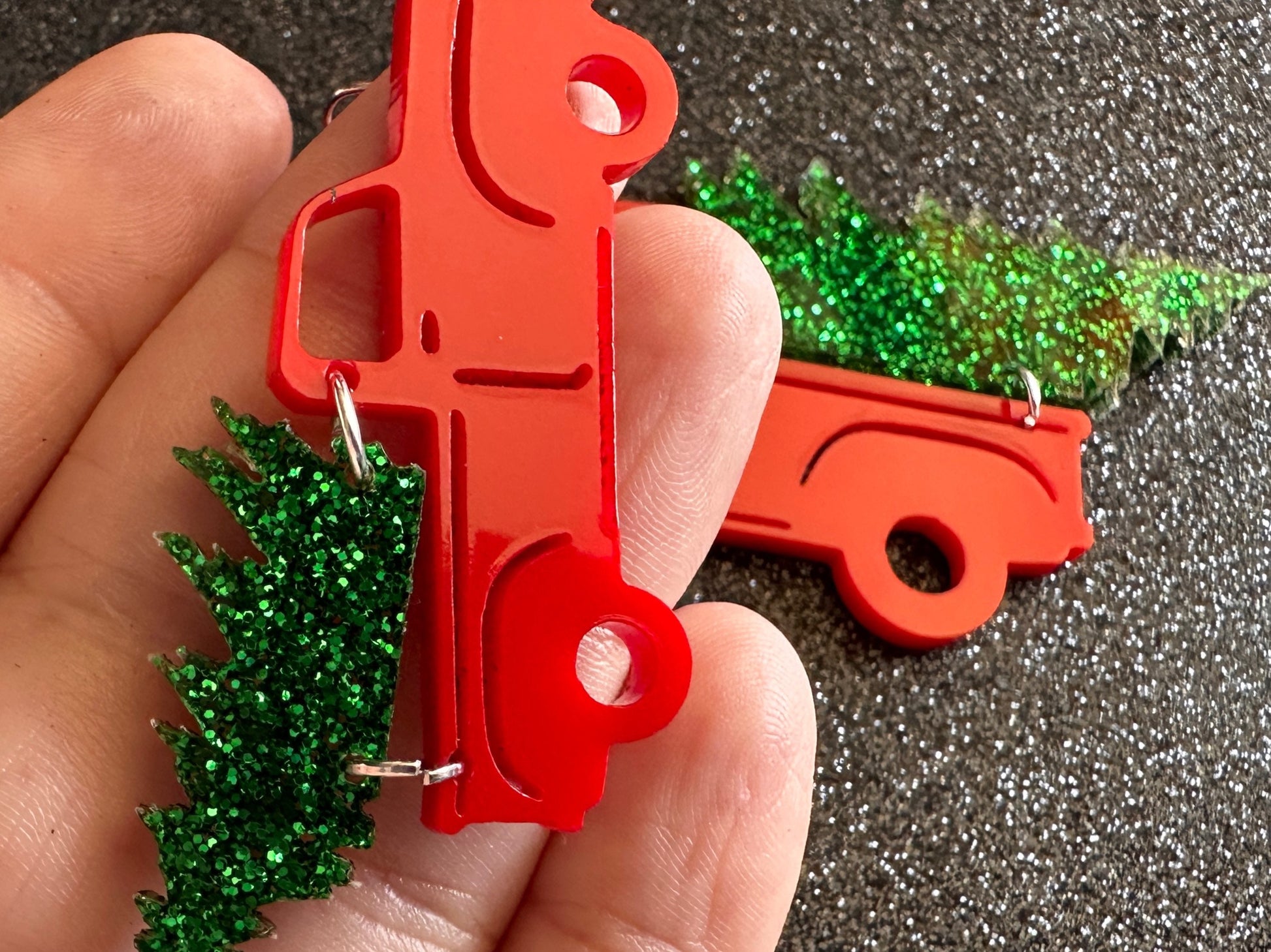 Christmas Truck Earrings: Laser Cut Acrylic Christmas Trees, Red Truck, X-mas, Xmas, Green Earrings, Winter, Best Gifts for Her/Him/Them