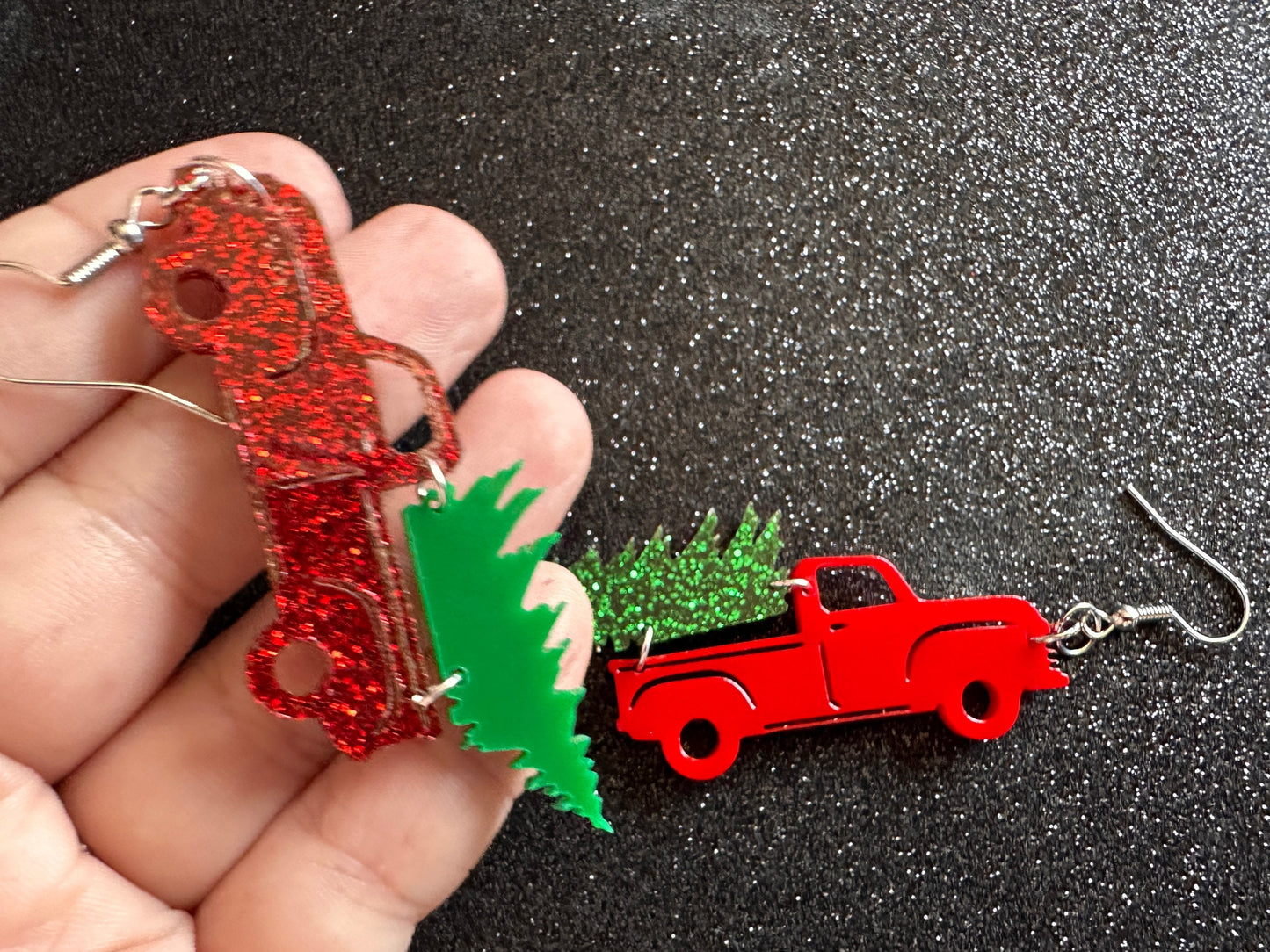 Christmas Truck Earrings: Laser Cut Acrylic Christmas Trees, Red Truck, X-mas, Xmas, Green Earrings, Winter, Best Gifts for Her/Him/Them