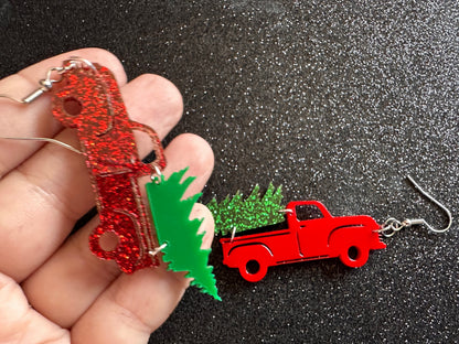 Christmas Truck Earrings: Laser Cut Acrylic Christmas Trees, Red Truck, X-mas, Xmas, Green Earrings, Winter, Best Gifts for Her/Him/Them