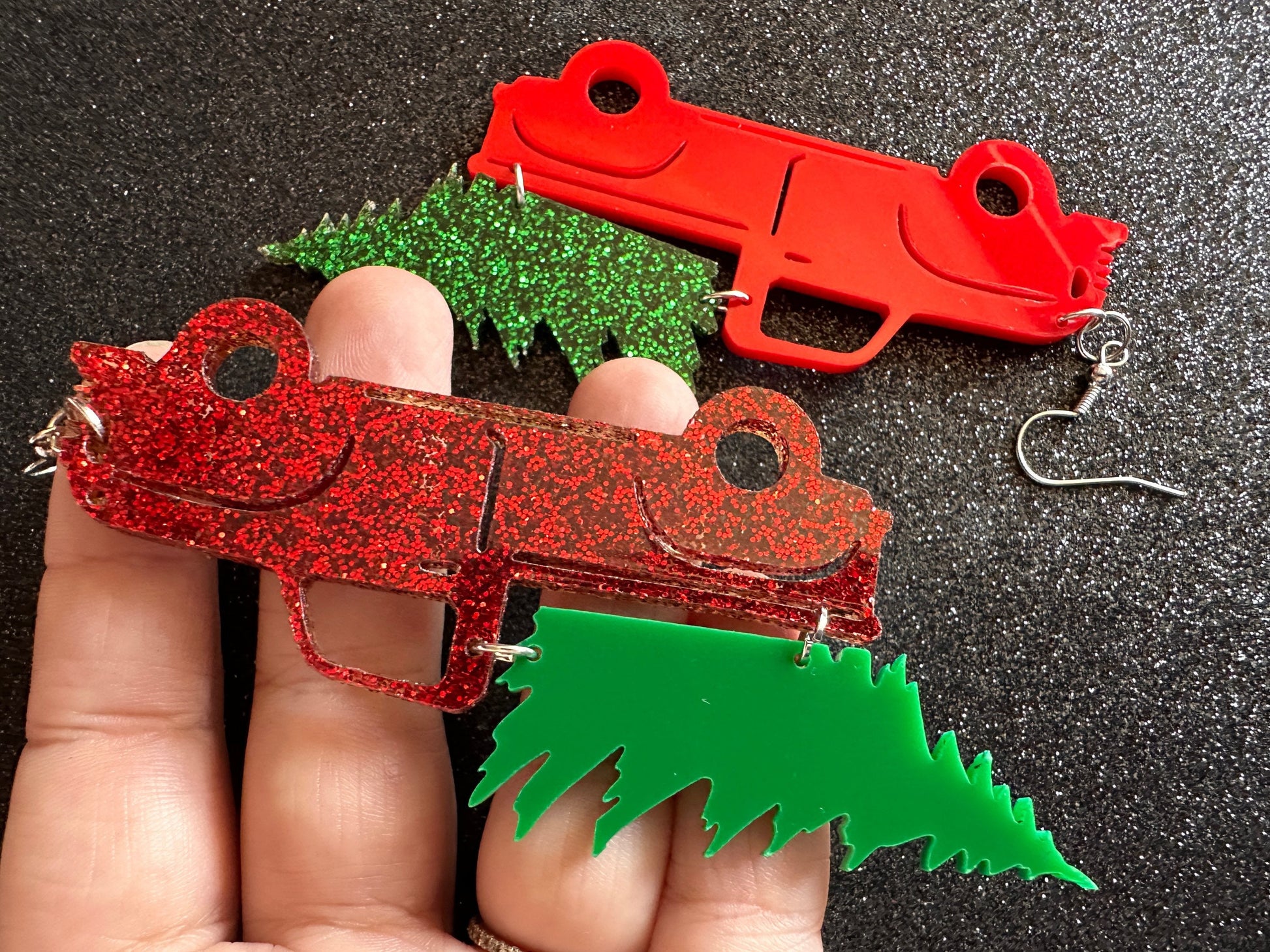 Christmas Truck Earrings: Laser Cut Acrylic Christmas Trees, Red Truck, X-mas, Xmas, Green Earrings, Winter, Best Gifts for Her/Him/Them