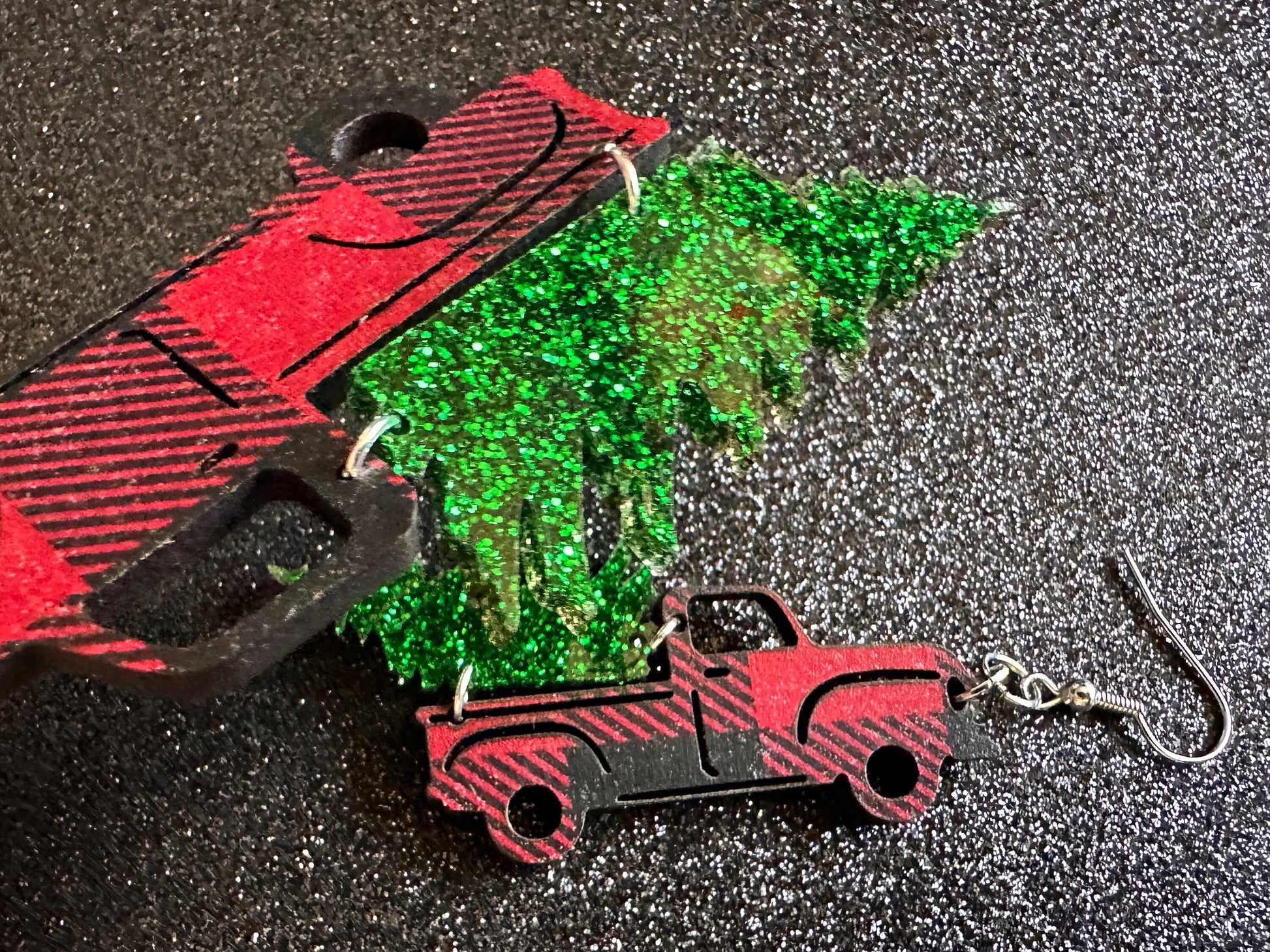 Christmas Truck Earrings: Laser Cut Acrylic Christmas Trees, Red Truck, X-mas, Xmas, Green Earrings, Winter, Best Gifts for Her/Him/Them