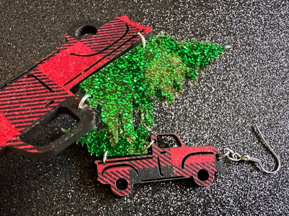 Christmas Truck Earrings: Laser Cut Acrylic Christmas Trees, Red Truck, X-mas, Xmas, Green Earrings, Winter, Best Gifts for Her/Him/Them