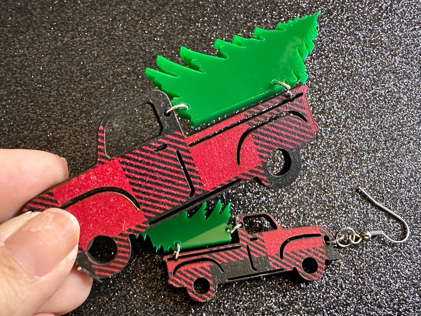 Christmas Truck Earrings: Laser Cut Acrylic Christmas Trees, Red Truck, X-mas, Xmas, Green Earrings, Winter, Best Gifts for Her/Him/Them