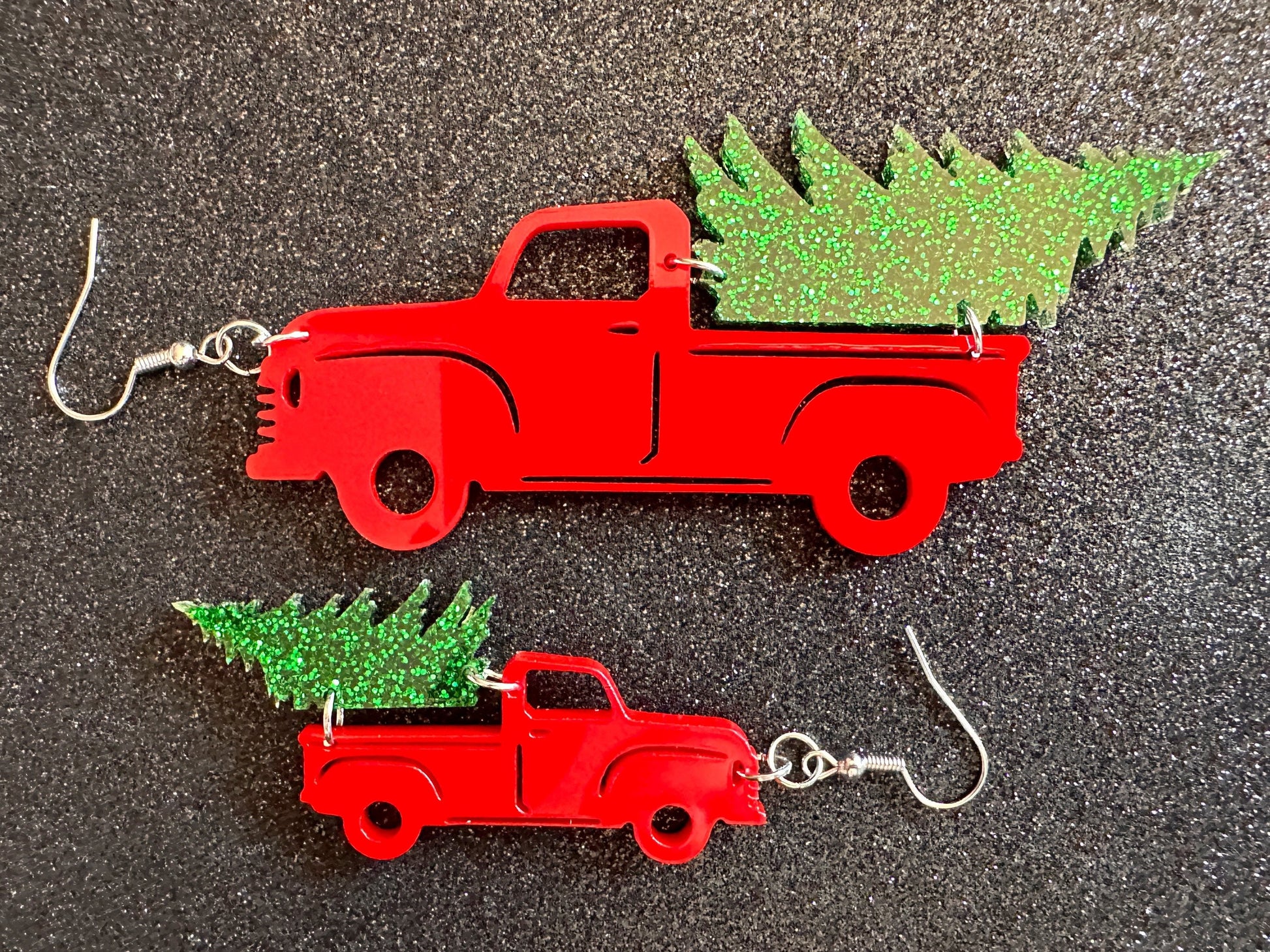 Christmas Truck Earrings: Laser Cut Acrylic Christmas Trees, Red Truck, X-mas, Xmas, Green Earrings, Winter, Best Gifts for Her/Him/Them