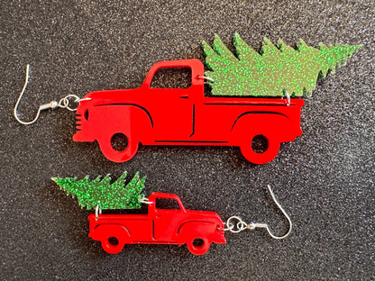 Christmas Truck Earrings: Laser Cut Acrylic Christmas Trees, Red Truck, X-mas, Xmas, Green Earrings, Winter, Best Gifts for Her/Him/Them