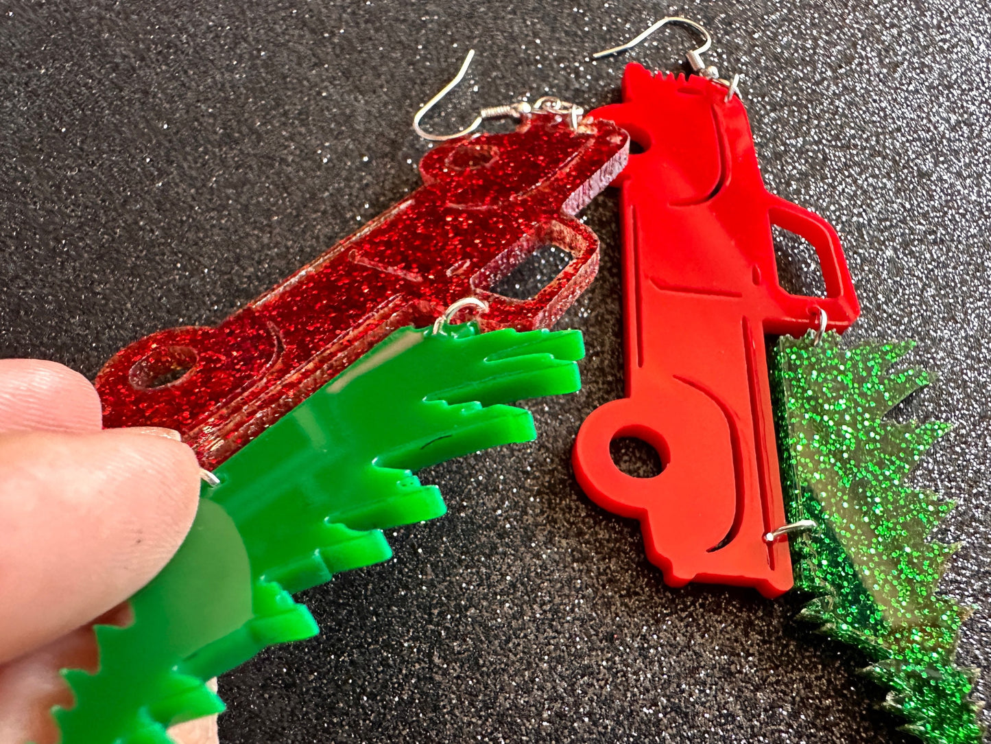 Christmas Truck Earrings: Laser Cut Acrylic Christmas Trees, Red Truck, X-mas, Xmas, Green Earrings, Winter, Best Gifts for Her/Him/Them