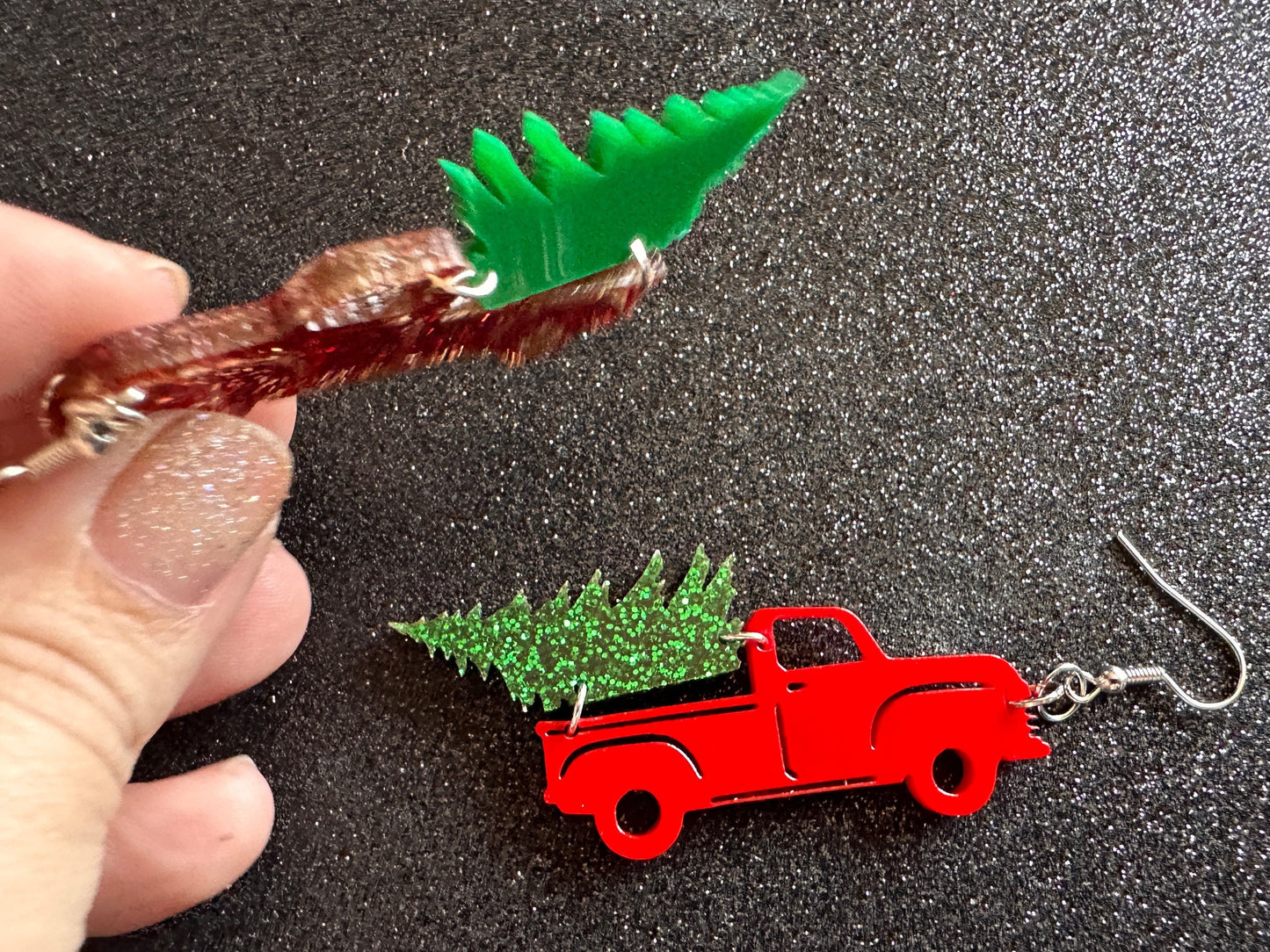 Christmas Truck Earrings: Laser Cut Acrylic Christmas Trees, Red Truck, X-mas, Xmas, Green Earrings, Winter, Best Gifts for Her/Him/Them