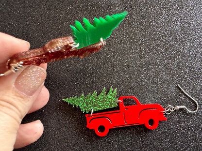 Christmas Truck Earrings: Laser Cut Acrylic Christmas Trees, Red Truck, X-mas, Xmas, Green Earrings, Winter, Best Gifts for Her/Him/Them