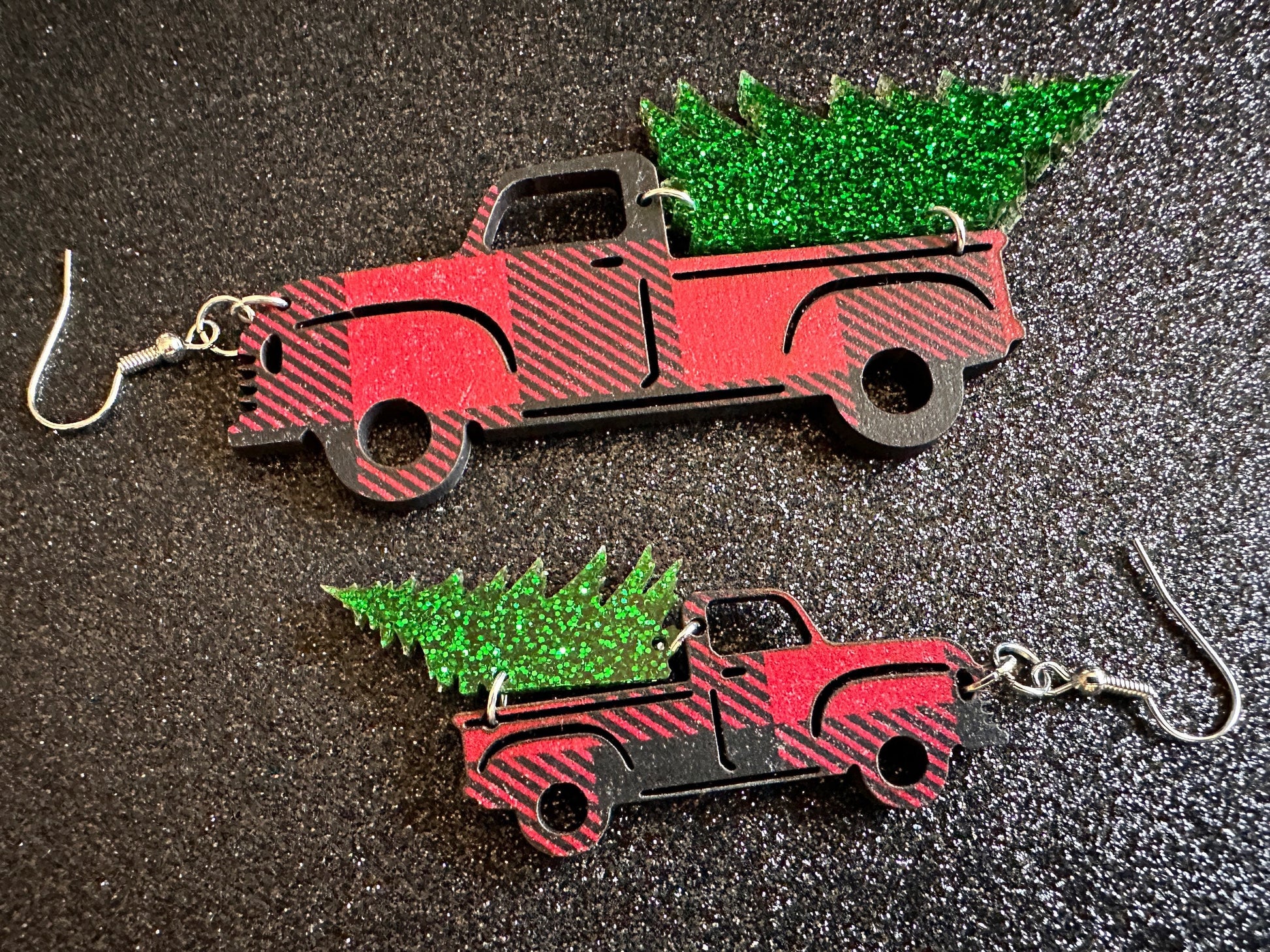 Christmas Truck Earrings: Laser Cut Acrylic Christmas Trees, Red Truck, X-mas, Xmas, Green Earrings, Winter, Best Gifts for Her/Him/Them