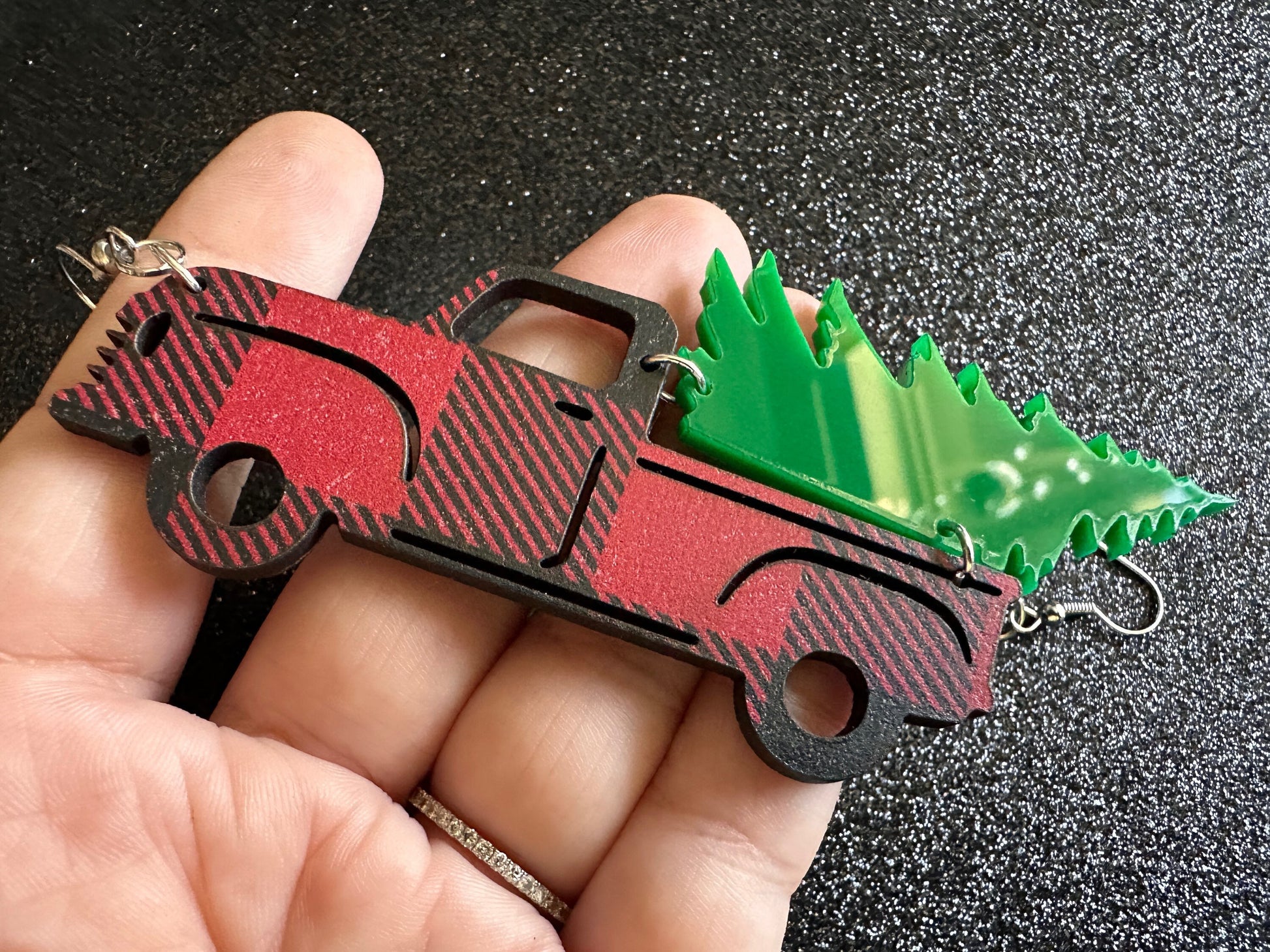 Christmas Truck Earrings: Laser Cut Acrylic Christmas Trees, Red Truck, X-mas, Xmas, Green Earrings, Winter, Best Gifts for Her/Him/Them