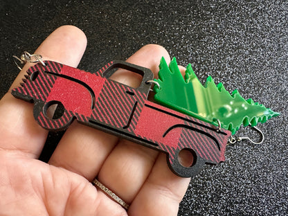 Christmas Truck Earrings: Laser Cut Acrylic Christmas Trees, Red Truck, X-mas, Xmas, Green Earrings, Winter, Best Gifts for Her/Him/Them